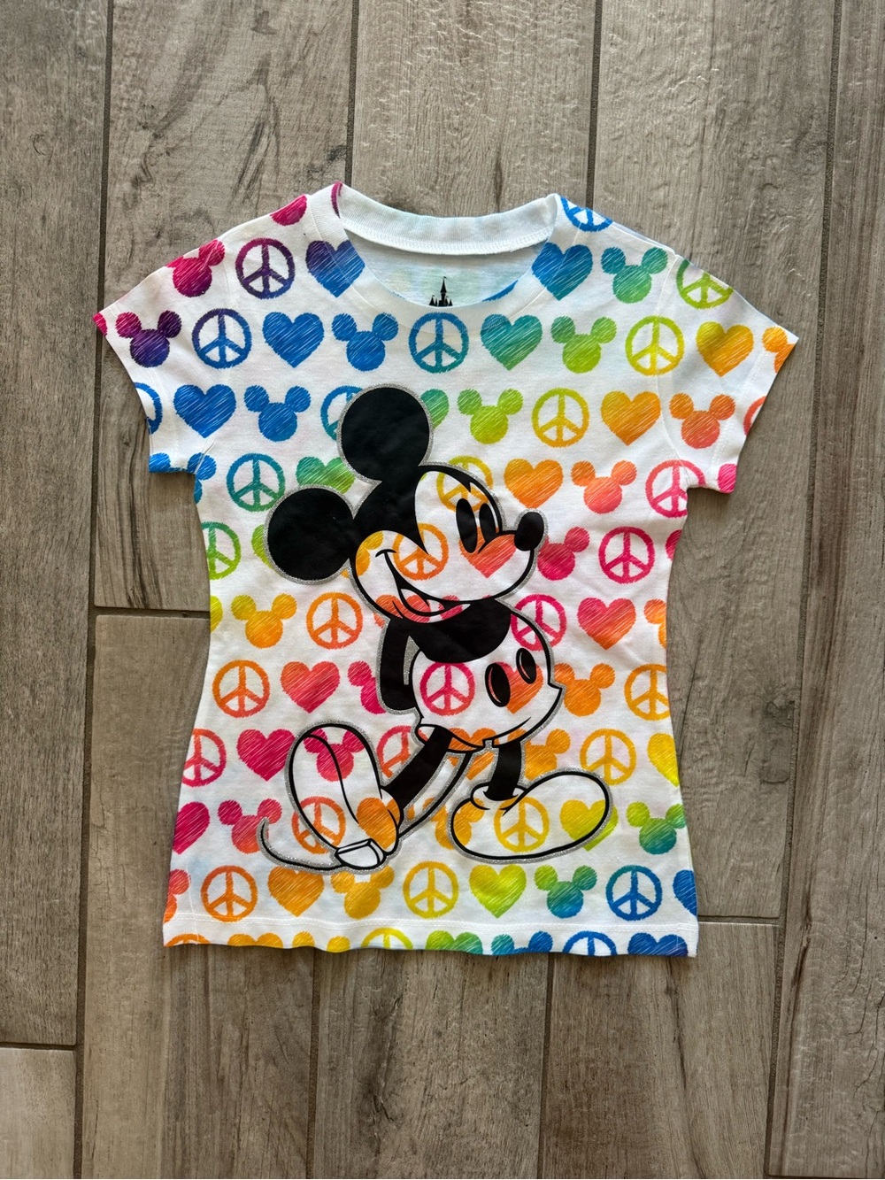 Girls' Rainbow heart and peace signs Mickey Mouse Short Sleeve Tee